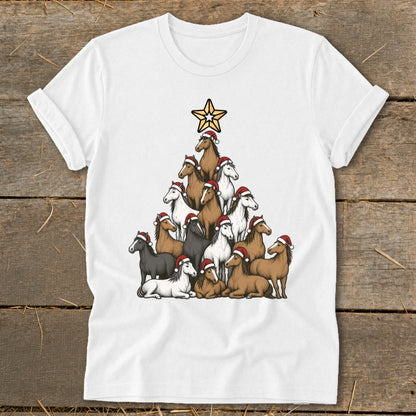 White t-shirt with Christmas tree made of horses wearing Santa hats and a star topper.