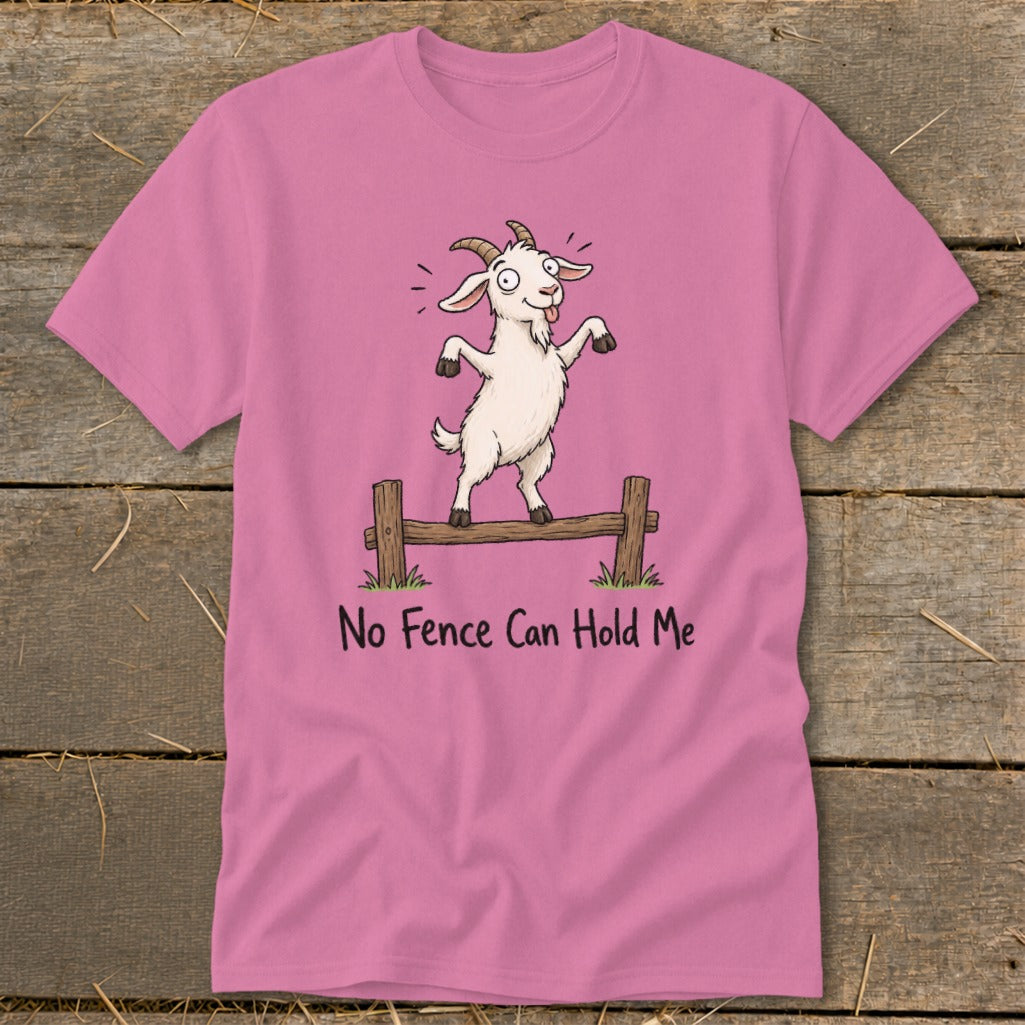 Pink t-shirt with cartoon goat standing on a fence, text "No Fence Can Hold Me".