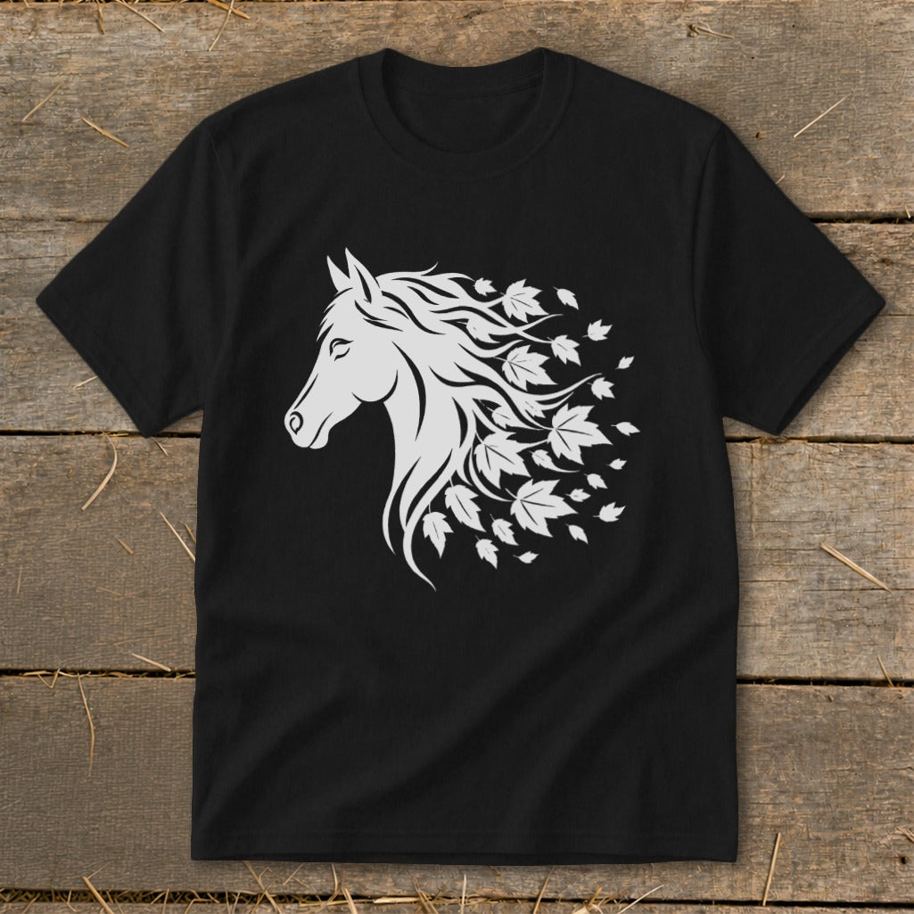 Black t-shirt featuring a white horse head with flowing mane and leaves.