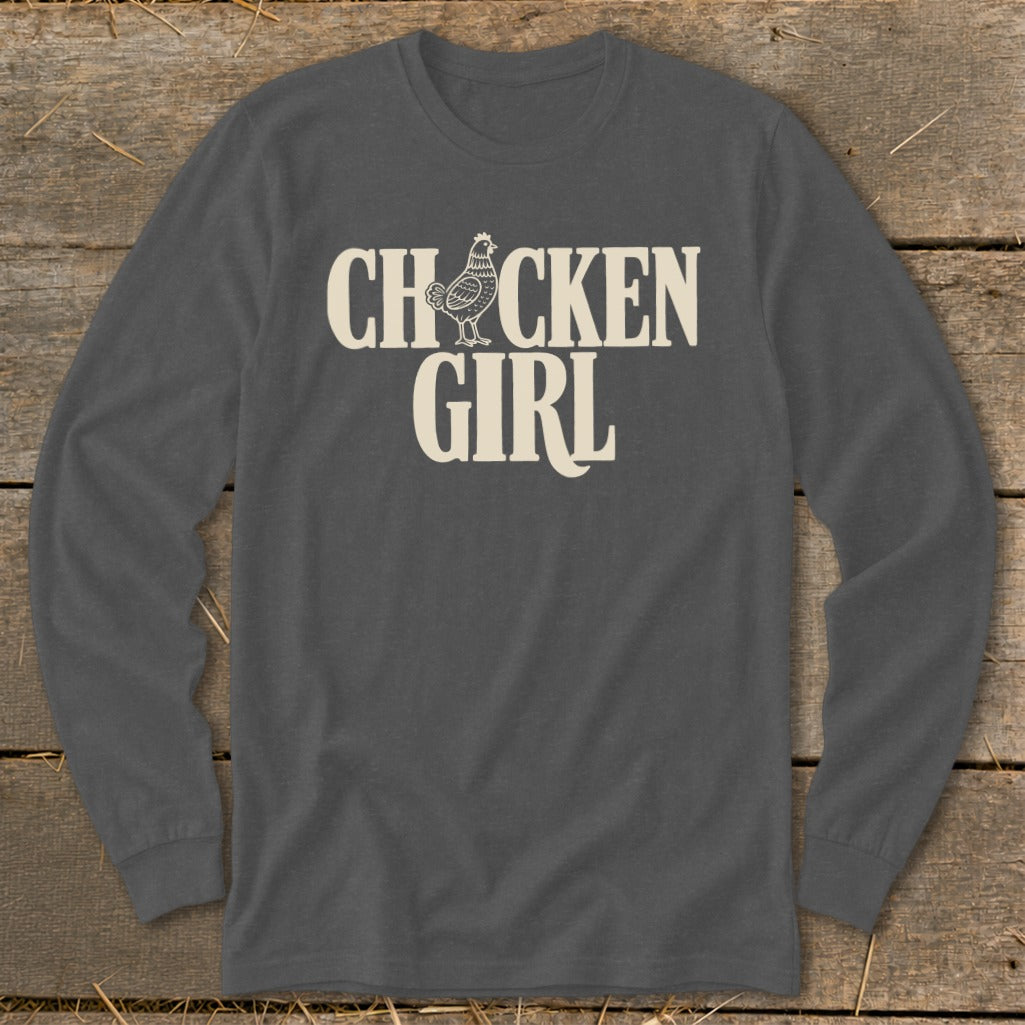 Dark gray long-sleeve shirt with "Chicken Girl" text and a chicken graphic.