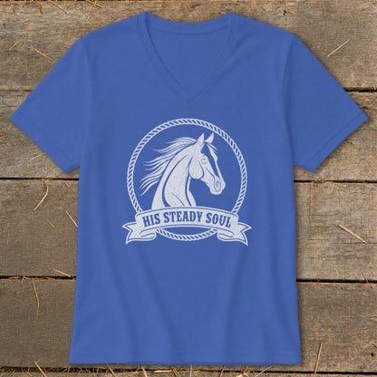 Blue v-neck t-shirt with white horse head graphic and text "HIS STEADY SOUL."