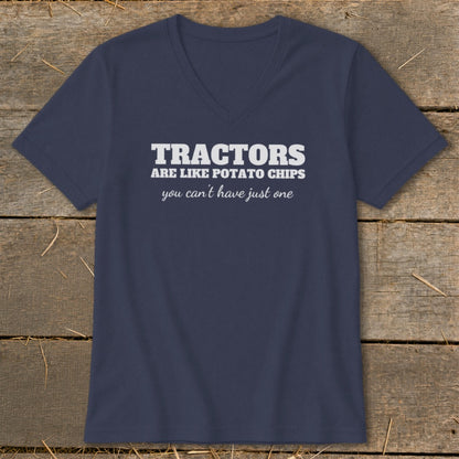 Navy t-shirt with white text: Tractors are like potato chips, you can't have just one.