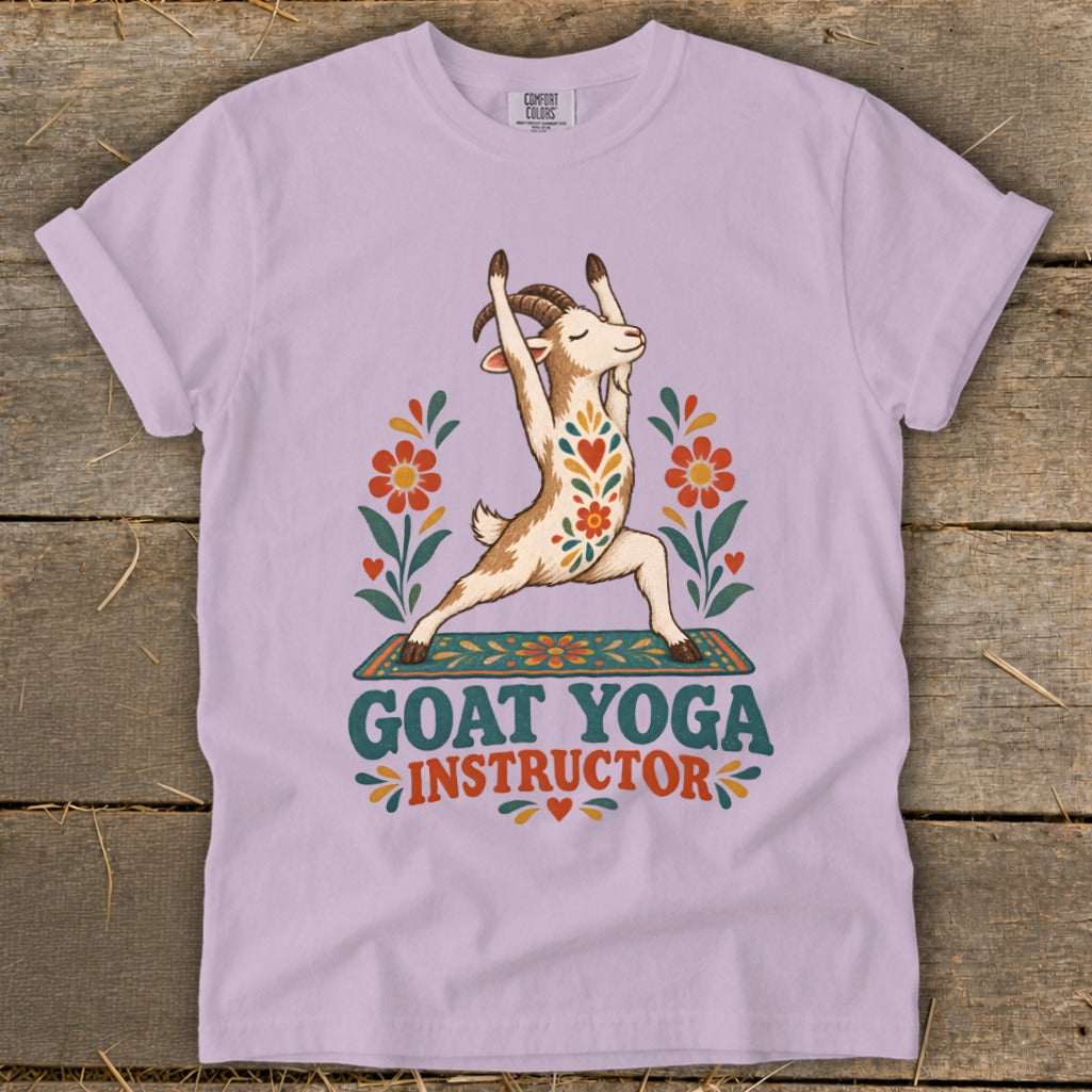 Goat doing yoga pose with "GOAT YOGA INSTRUCTOR" text and floral decorations.