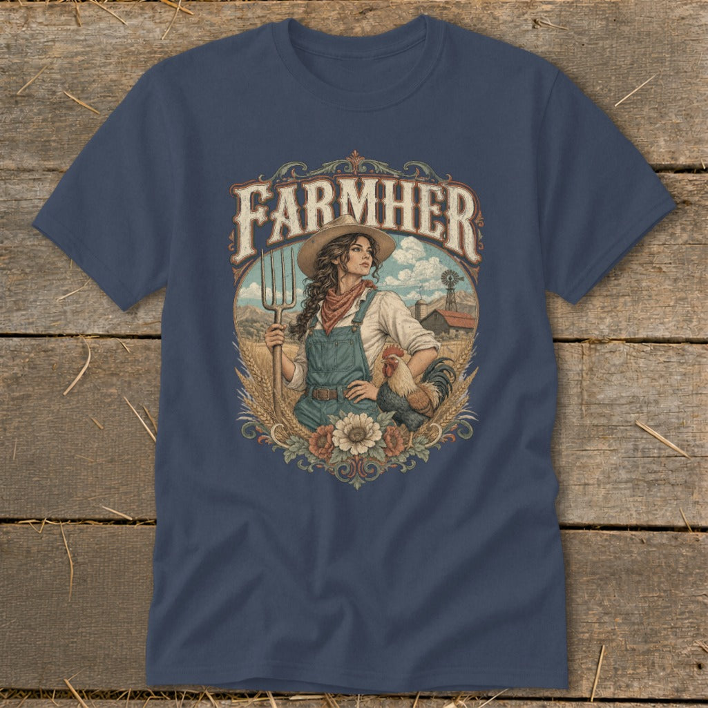 Farmher text above illustration of woman with pitchfork, rooster, farm, and windmill.