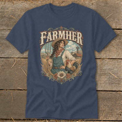 Farmher text above illustration of woman with pitchfork, rooster, farm, and windmill.