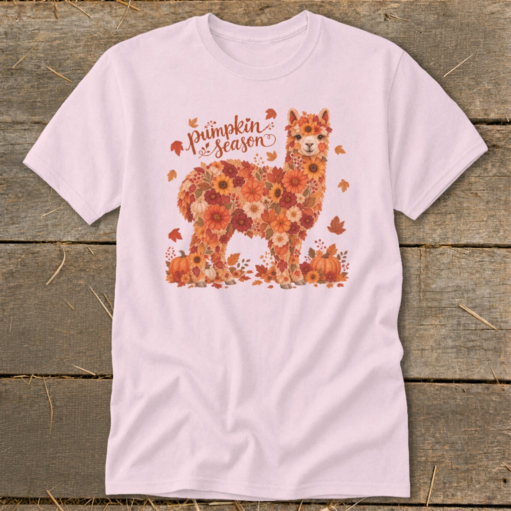 Pink t-shirt with an alpaca made of autumn flowers and pumpkins, with "pumpkin season" text.