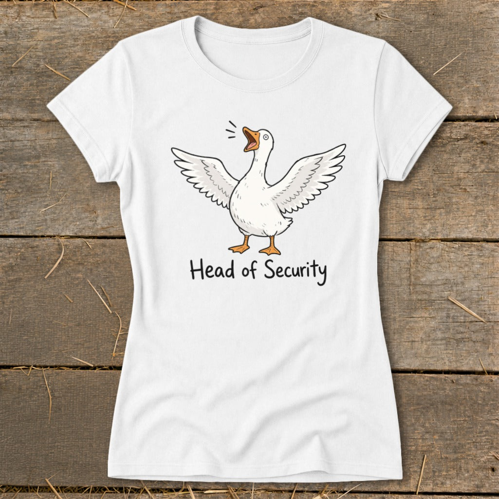 White t-shirt with cartoon goose and text "Head of Security"