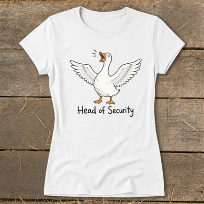 White t-shirt with cartoon goose and text "Head of Security"