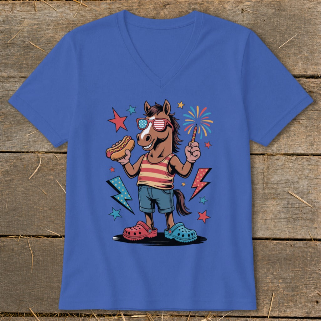 Horse in sunglasses holding hot dog and sparkler with fireworks and lightning bolts.