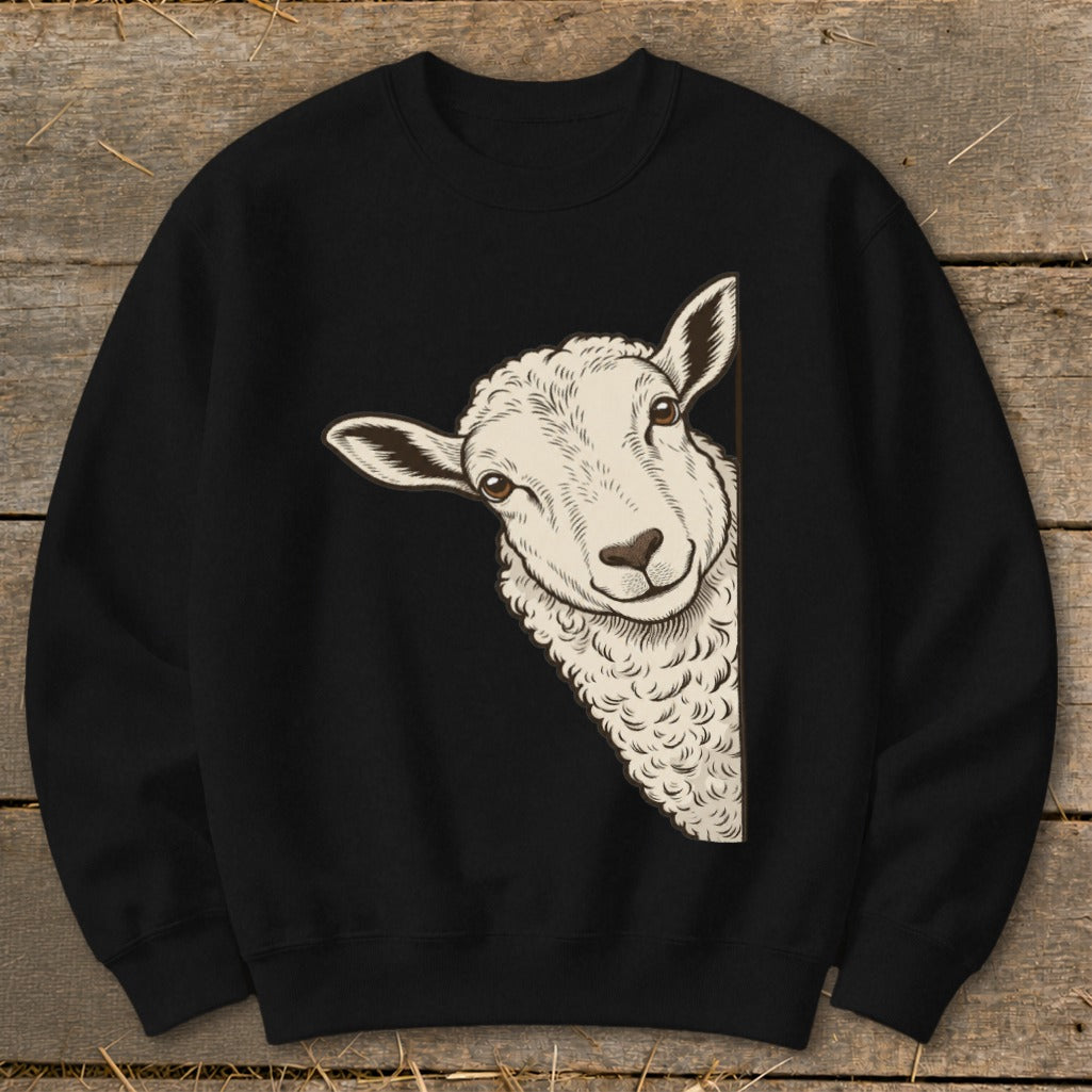 Black sweatshirt with a peeking sheep illustration.