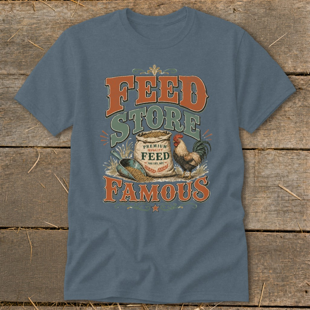 Feed Store Famous graphic tee with a rooster and bag of feed.