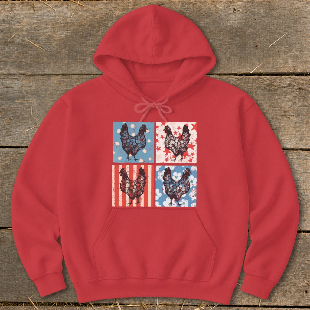 Red hoodie with four patriotic chicken designs in squares.