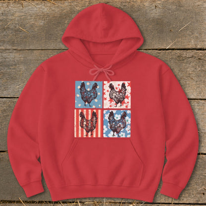 Red hoodie with four patriotic chicken designs in squares.