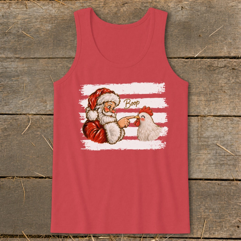 Santa booping a chicken with the word "Boop" on a white striped background.
