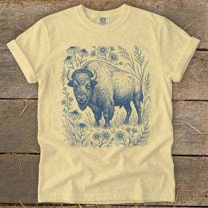Light yellow t-shirt with a navy blue sketch of a bison surrounded by wildflowers and grass.