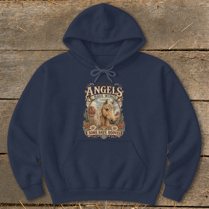 Navy hoodie with graphic: "Not All Angels Have Wings, Some Have Hooves" and a horse.