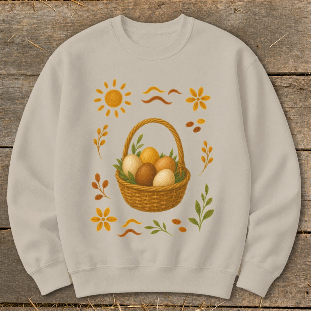 Light beige crewneck sweatshirt with a woven basket of Easter eggs and scattered spring motifs.