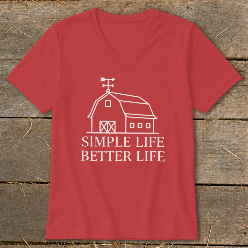 Red v-neck t-shirt with white barn graphic and "Simple Life Better Life" text.