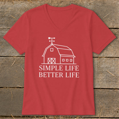 Red v-neck t-shirt with white barn graphic and "Simple Life Better Life" text.