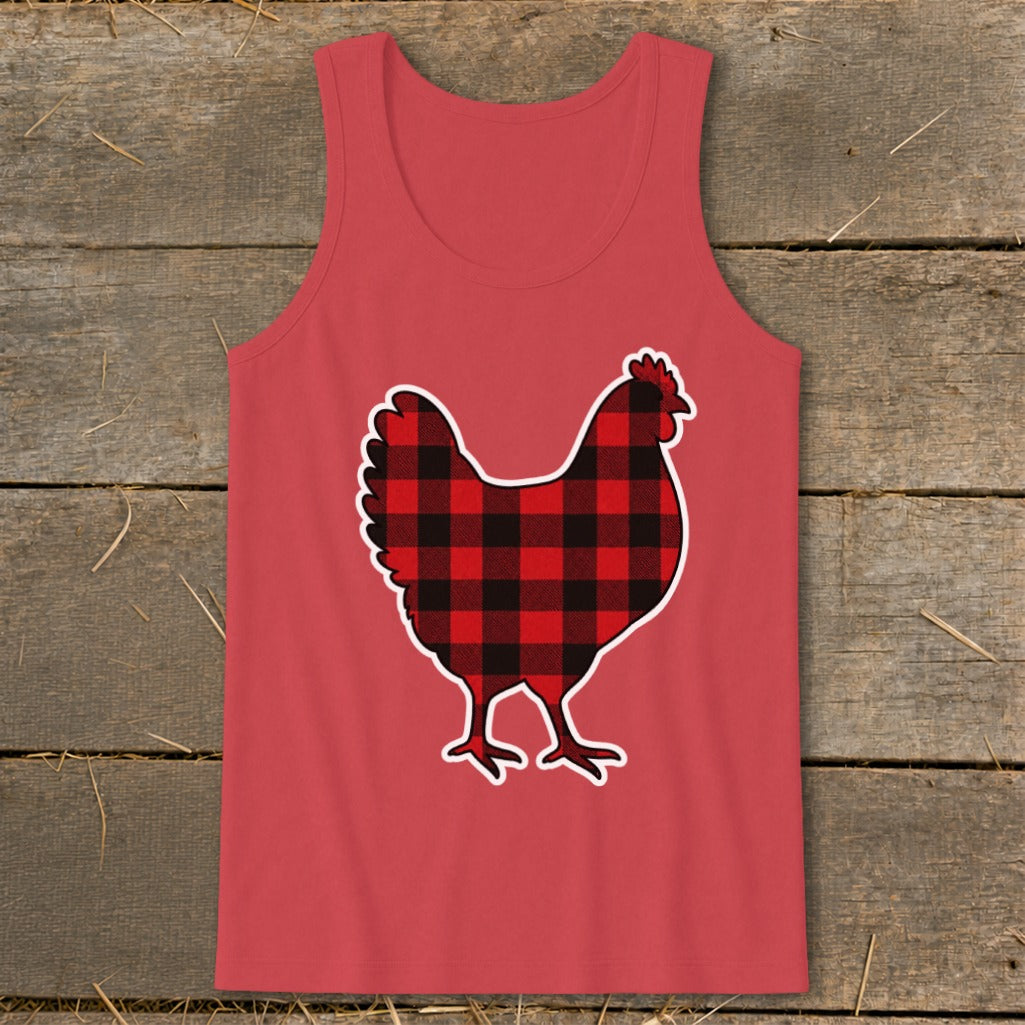 Red tank top with a black and red buffalo plaid chicken graphic.