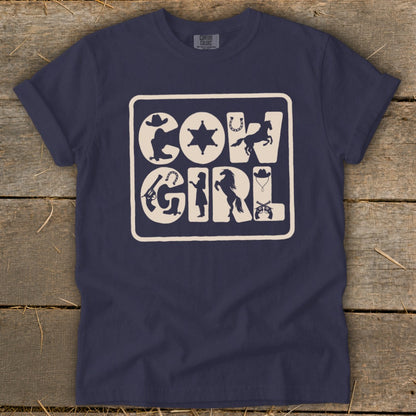 Navy t-shirt with cream "COWGIRL" text and Western-themed icons.
