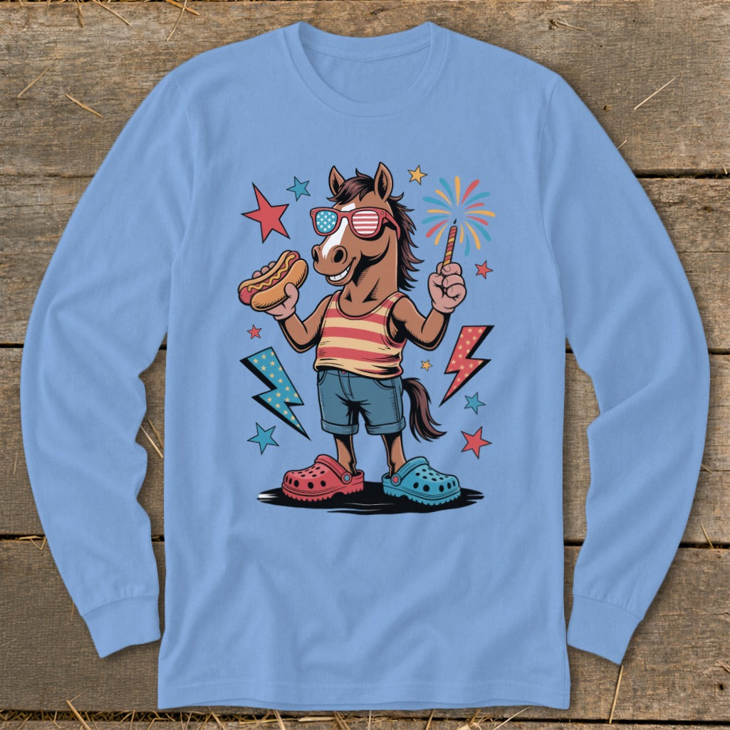 Horse wearing sunglasses holding a hot dog and sparkler, with fireworks and lightning bolts.