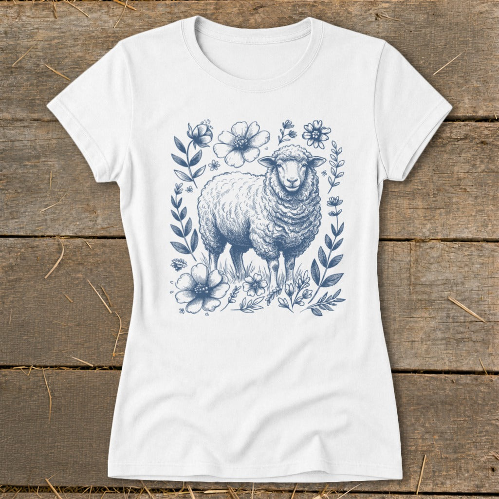 White t-shirt with a blue sketch of a sheep surrounded by flowers and leaves.