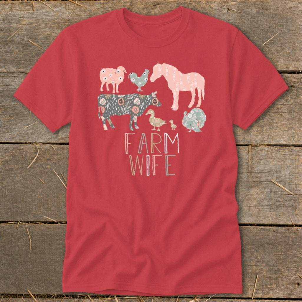 Red t-shirt with farm animals and "FARM WIFE" text.