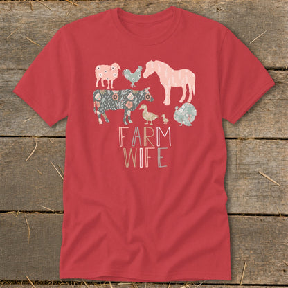 Red t-shirt with farm animals and "FARM WIFE" text.