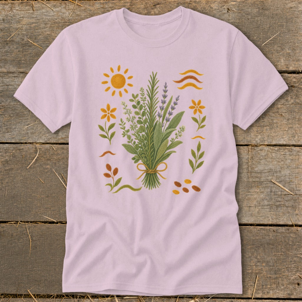 Light pink t-shirt with a bouquet of herbs, sun, flowers, and wavy lines.