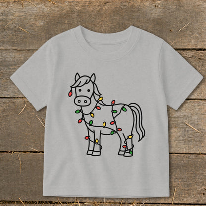Grey t-shirt with a line art horse wrapped in colorful Christmas lights.