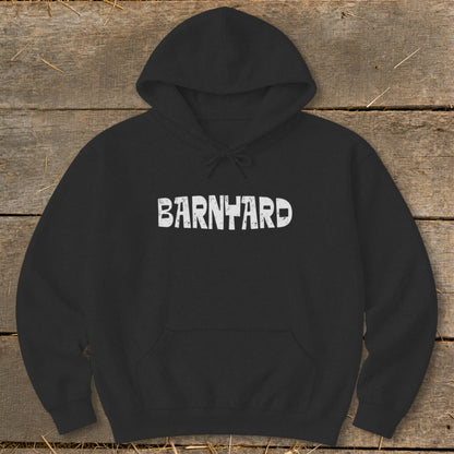A black hooded sweatshirt featuring the word BARNYARD in distressed white capital letters across the chest.