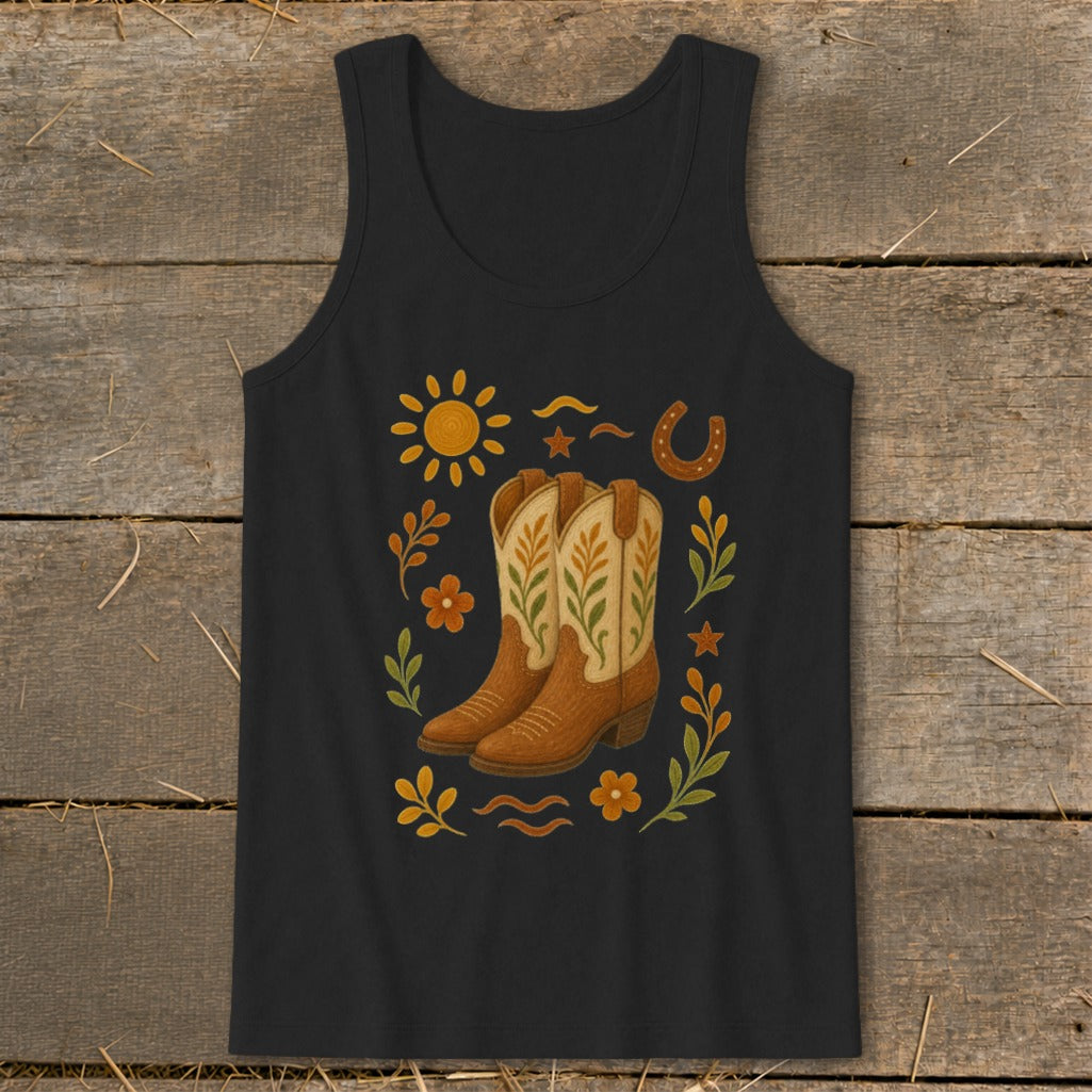 Black tank top with cowboy boots, sun, horseshoe, and floral graphics.