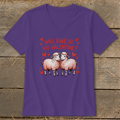 Purple t-shirt with two sheep and text "WILL EWE BE MY VALENTINE?".