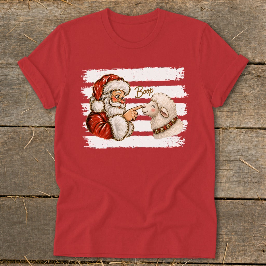 Santa booping a sheep with "Boop" text on a red shirt.