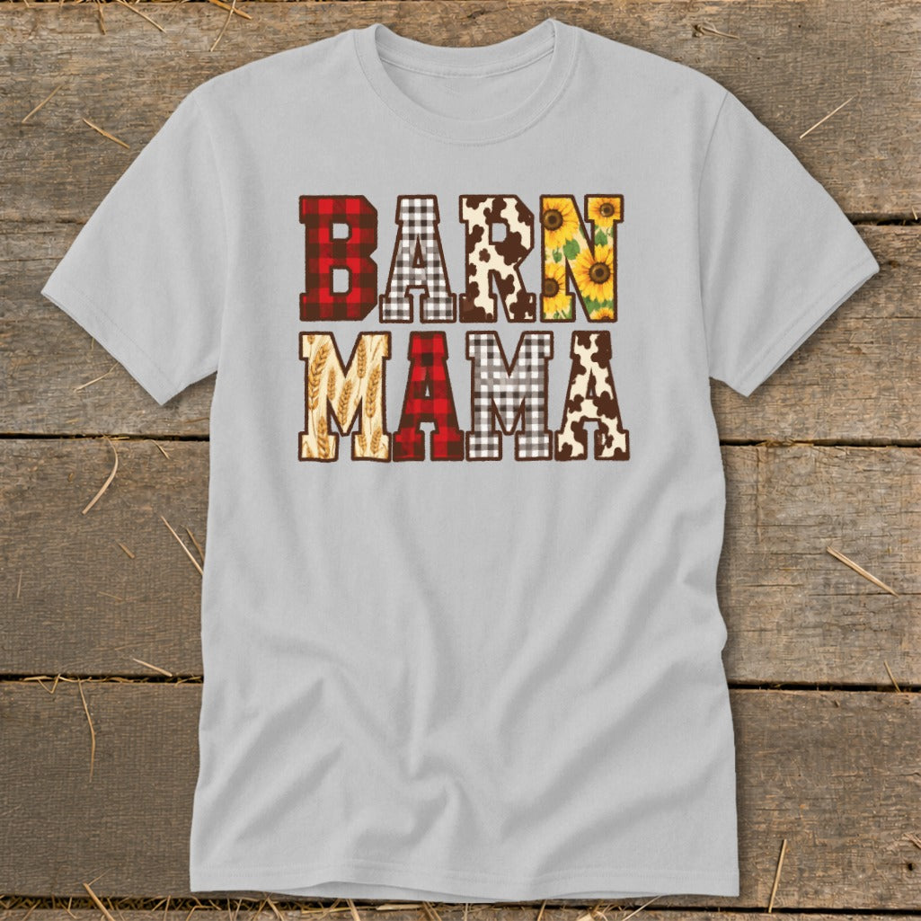Gray t-shirt with "BARN MAMA" in patterned block letters.