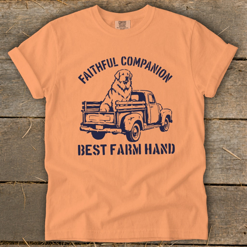 Orange t-shirt with navy graphic of dog in truck and text "Faithful Companion" and "Best Farm Hand".