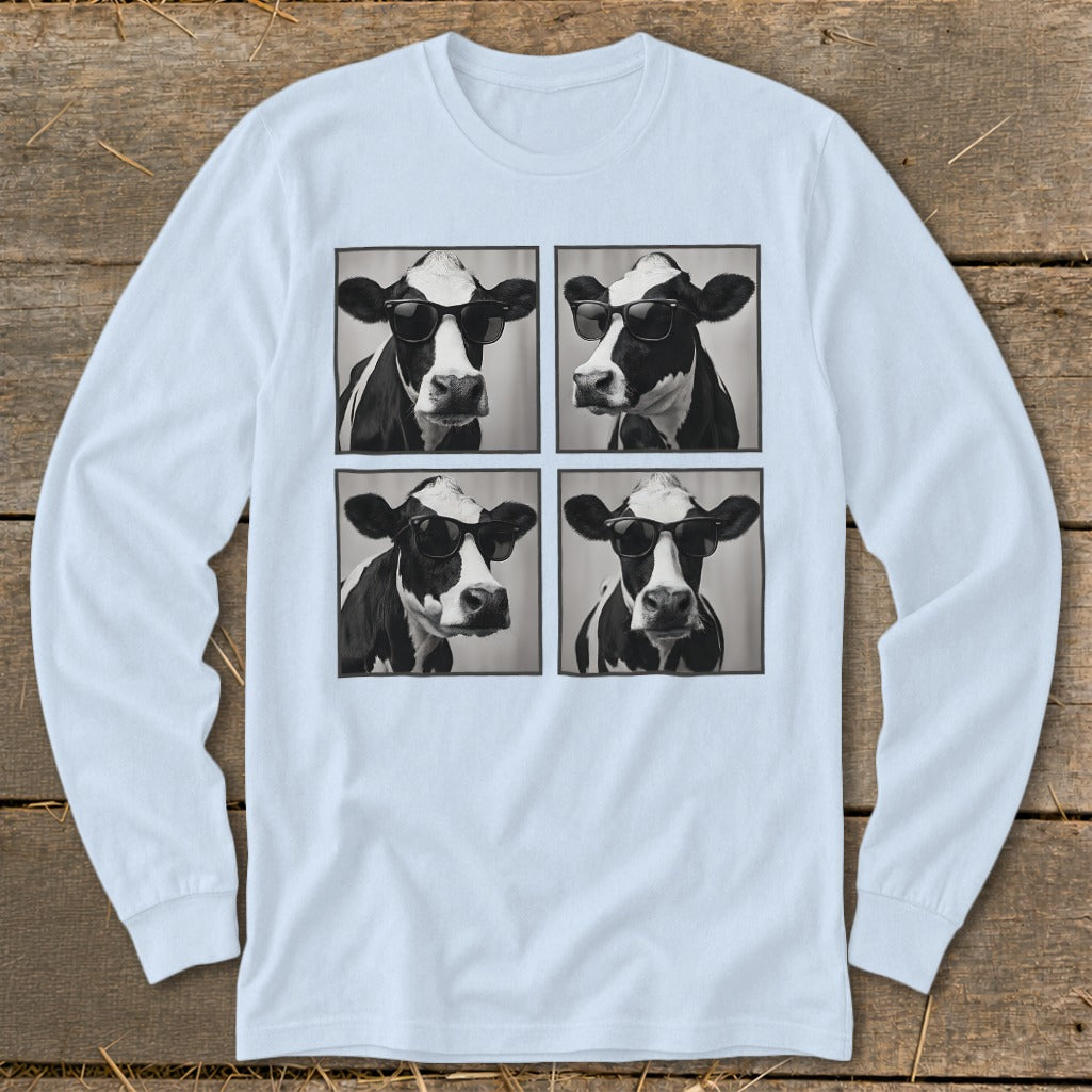 Four black and white cows wearing sunglasses arranged in a square grid.