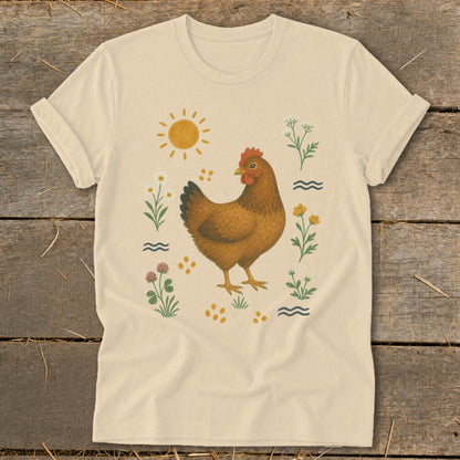 Cream t-shirt with a brown chicken surrounded by flowers, sun, and waves.