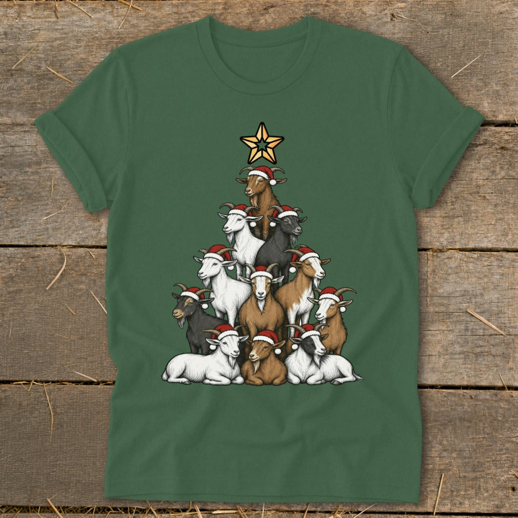 Goats wearing Santa hats form a Christmas tree shape with a star on top.