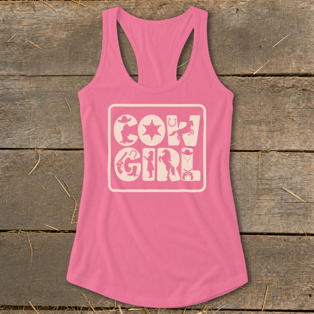 Pink tank top with "Cow Girl" graphic featuring cowboy-themed icons.