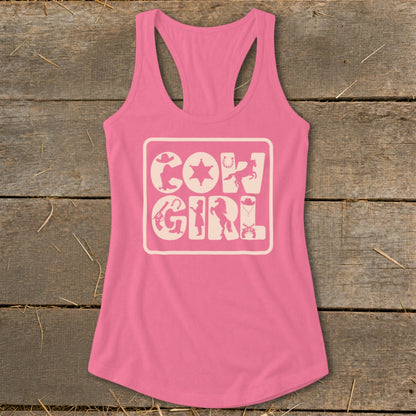 Pink tank top with "Cow Girl" graphic featuring cowboy-themed icons.