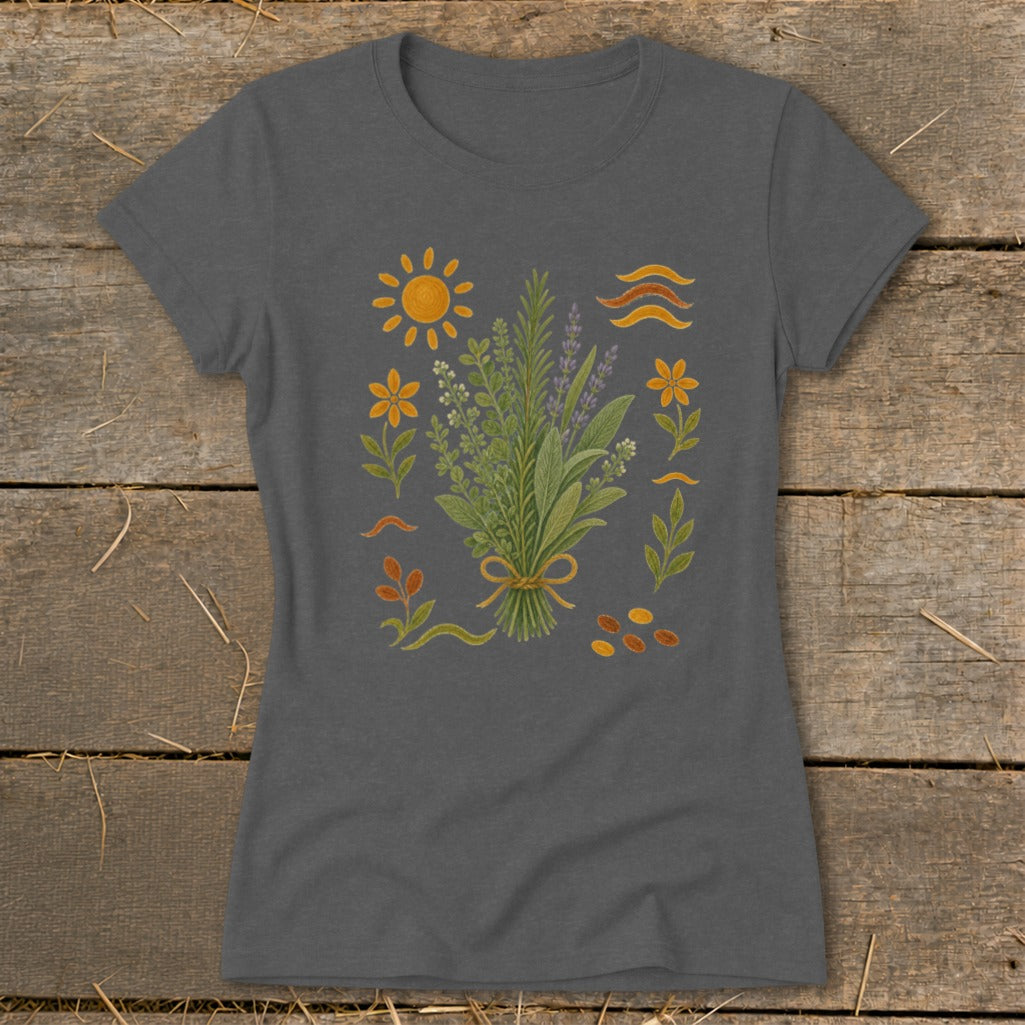 Charcoal t-shirt with a bouquet of herbs, sun, flowers, and wavy lines design.