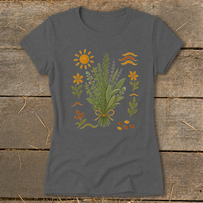 Charcoal t-shirt with a bouquet of herbs, sun, flowers, and wavy lines design.