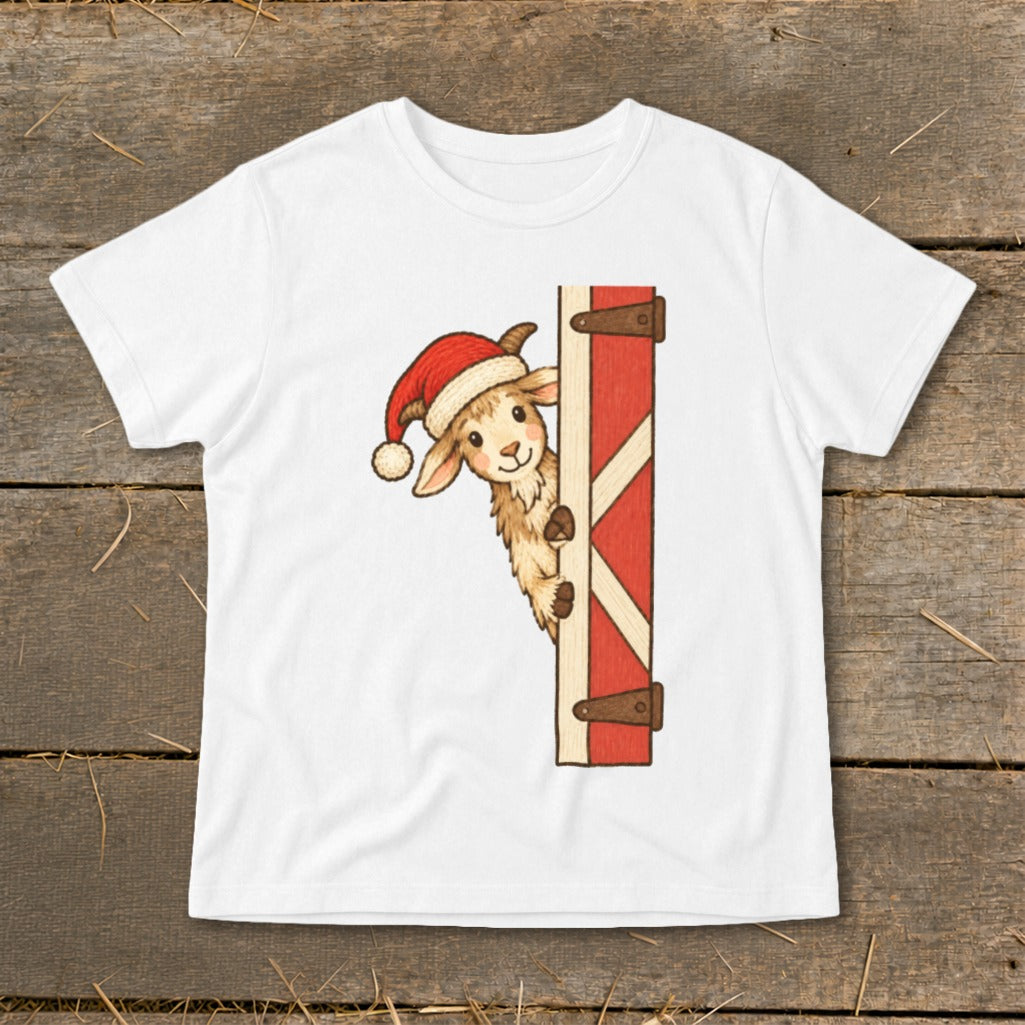 Christmas goat peeking around a red barn door, wearing a Santa hat.