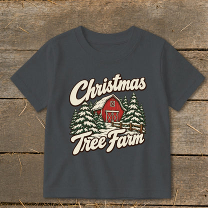 T-shirt with "Christmas Tree Farm" text and a barn with pine trees.