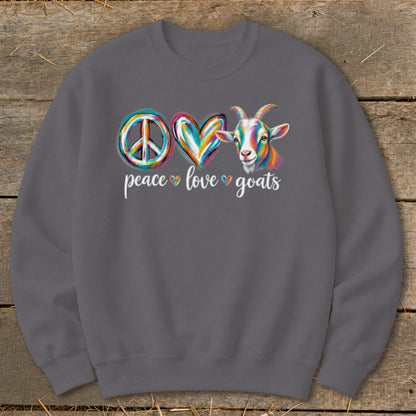 Grey sweatshirt with "peace love goats" and colorful peace sign, heart, and goat graphic.