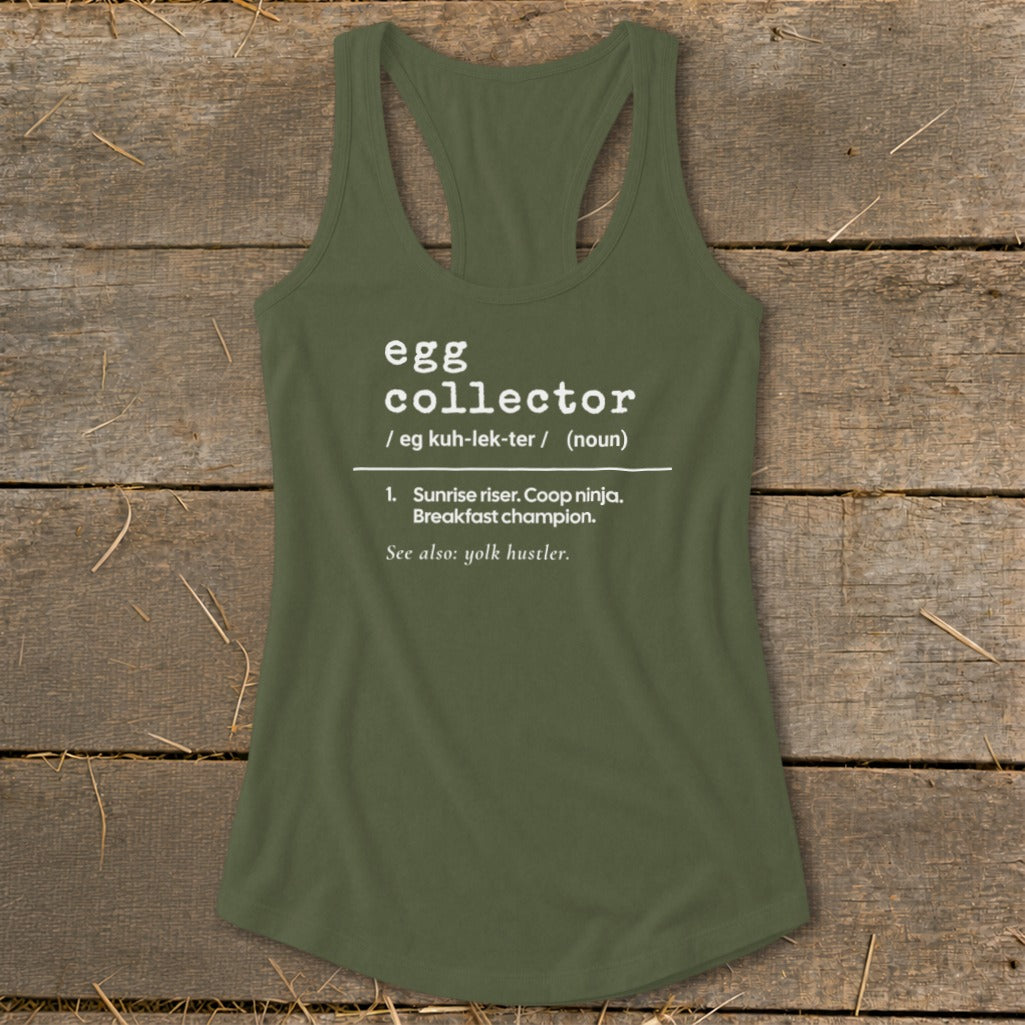 Green tank top with "egg collector" definition and "yolk hustler" text.