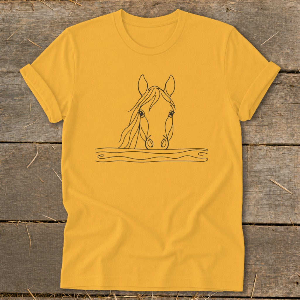 Yellow t-shirt with black line drawing of a horse's head over wavy lines.