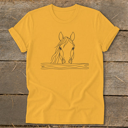 Yellow t-shirt with black line drawing of a horse's head over wavy lines.
